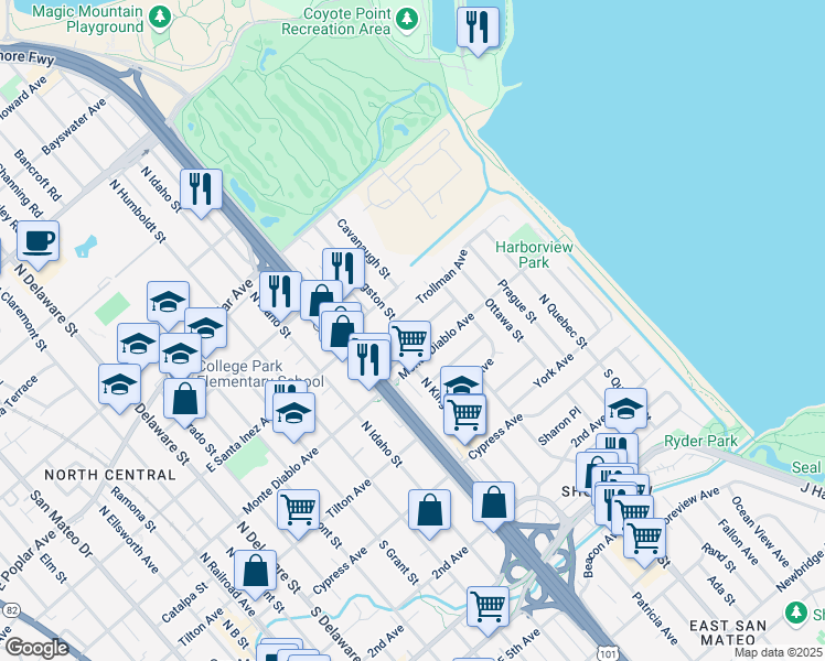 map of restaurants, bars, coffee shops, grocery stores, and more near 220 North Kingston Street in San Mateo