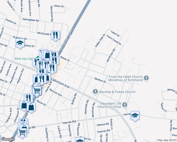 map of restaurants, bars, coffee shops, grocery stores, and more near 2801 Neale Street in Richmond