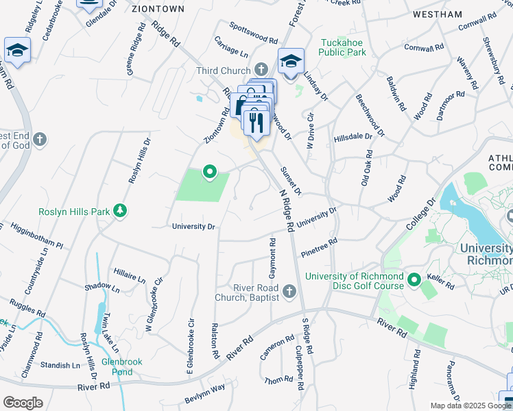 map of restaurants, bars, coffee shops, grocery stores, and more near 300 North Ridge Road in Henrico