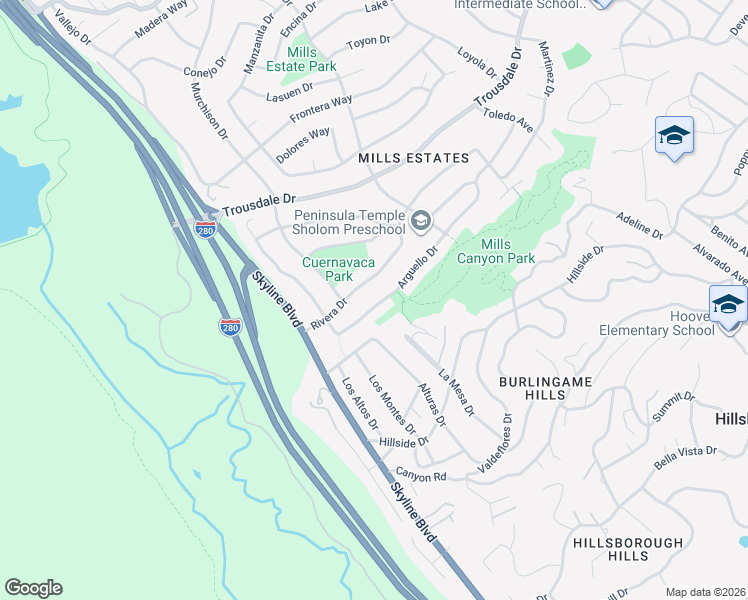 map of restaurants, bars, coffee shops, grocery stores, and more near 3032 Arguello Drive in Burlingame