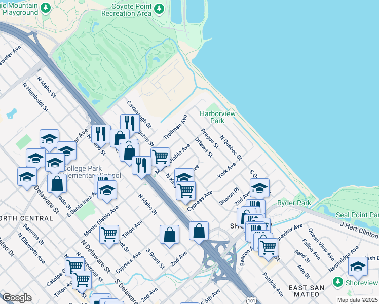 map of restaurants, bars, coffee shops, grocery stores, and more near 124 Huron Avenue in San Mateo