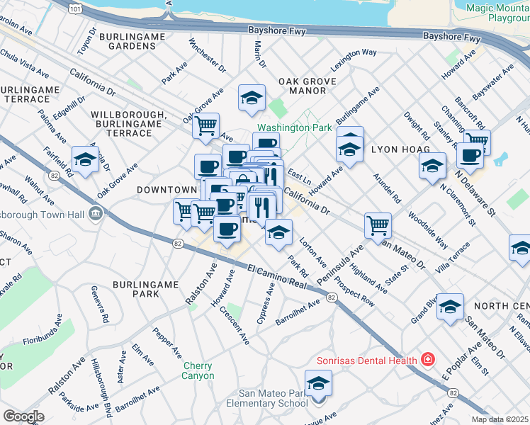 map of restaurants, bars, coffee shops, grocery stores, and more near 220 Park Road in Burlingame