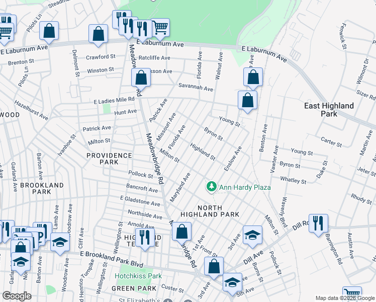 map of restaurants, bars, coffee shops, grocery stores, and more near 3410 Delaware Avenue in Richmond