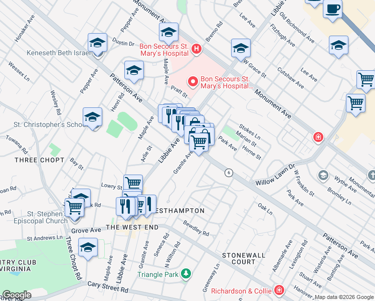 map of restaurants, bars, coffee shops, grocery stores, and more near 532 Granite Avenue in Richmond