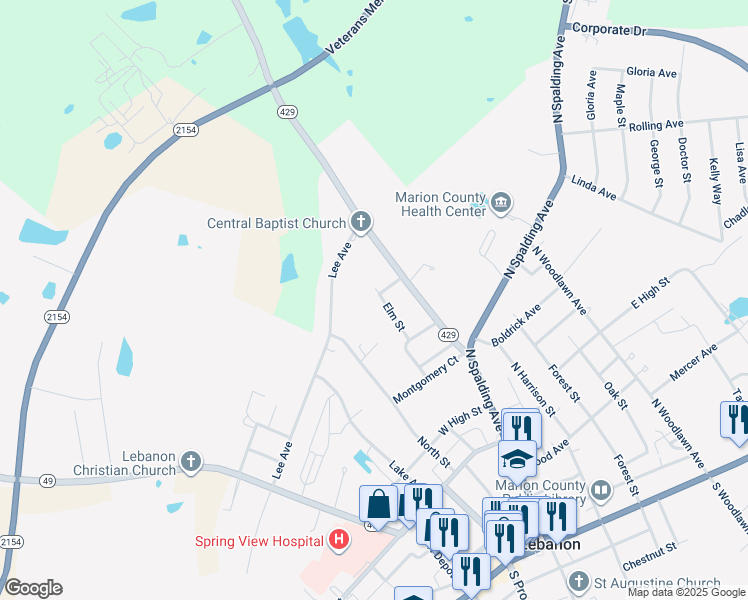 map of restaurants, bars, coffee shops, grocery stores, and more near 448 Elm Street in Lebanon