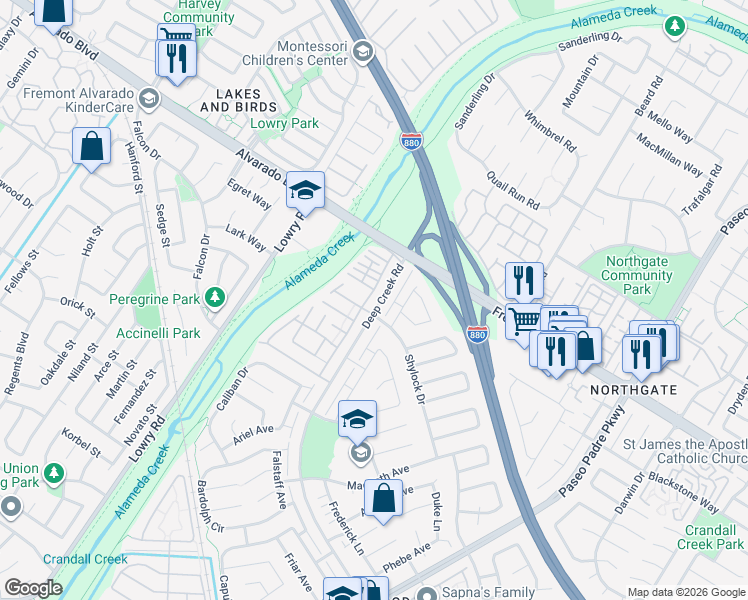 map of restaurants, bars, coffee shops, grocery stores, and more near 4141 Sandra Road in Fremont