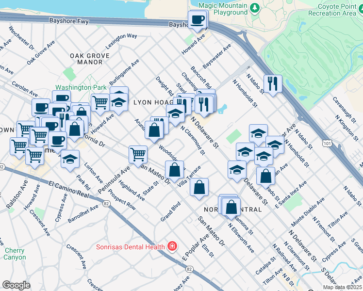 map of restaurants, bars, coffee shops, grocery stores, and more near 417 Studio Circle in San Mateo