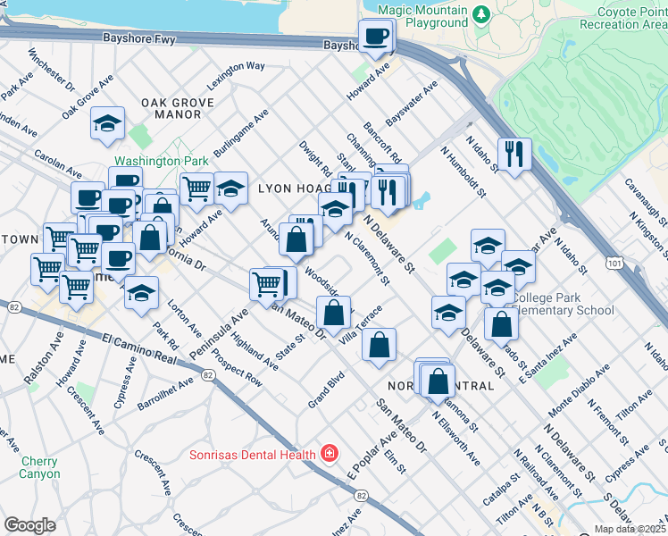 map of restaurants, bars, coffee shops, grocery stores, and more near 417 Studio Circle in San Mateo