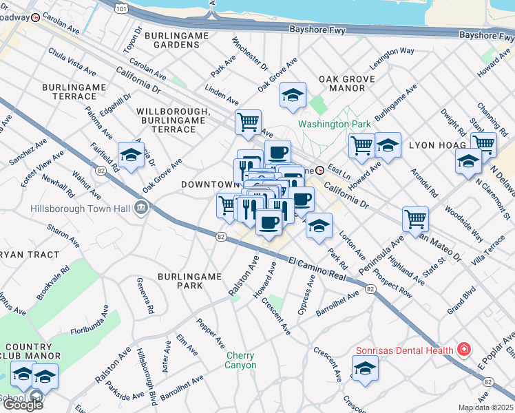 map of restaurants, bars, coffee shops, grocery stores, and more near 329 Primrose Road in Burlingame