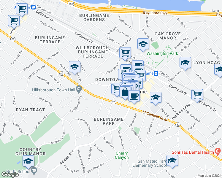 map of restaurants, bars, coffee shops, grocery stores, and more near 1457 Bellevue Avenue in Burlingame