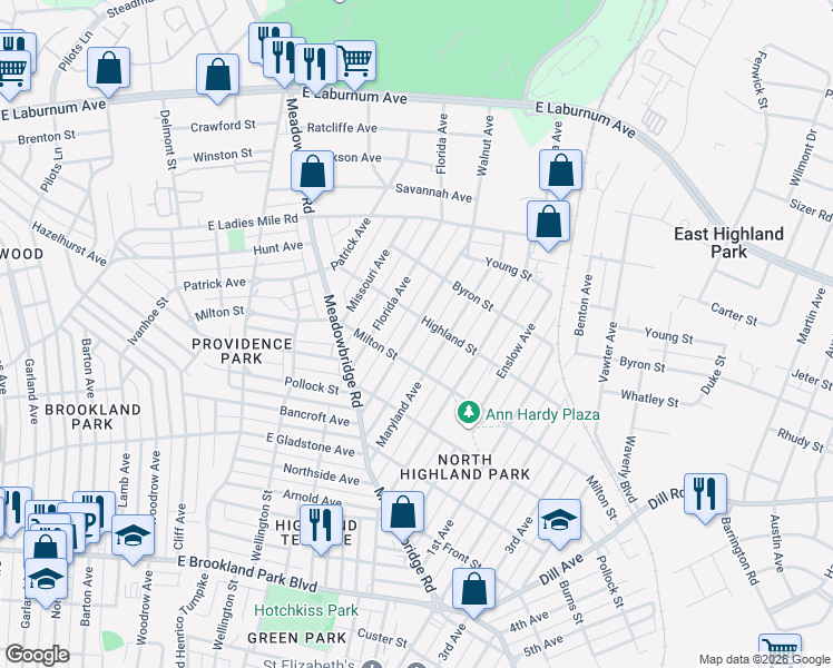 map of restaurants, bars, coffee shops, grocery stores, and more near 3410 Delaware Avenue in Richmond