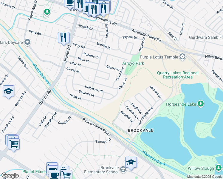 map of restaurants, bars, coffee shops, grocery stores, and more near 35036 Hollyhock Street in Union City