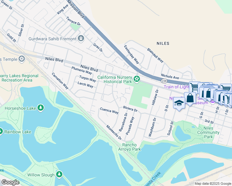 map of restaurants, bars, coffee shops, grocery stores, and more near 36405 Sereno Common in Fremont