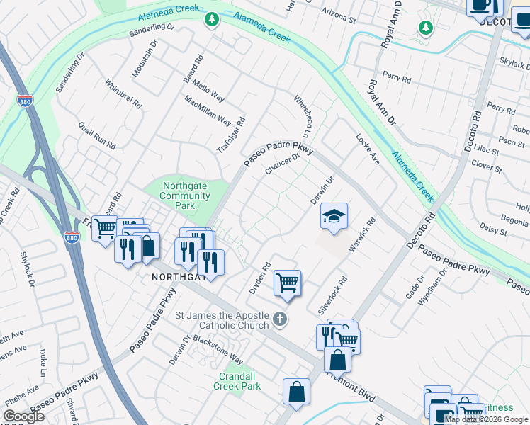 map of restaurants, bars, coffee shops, grocery stores, and more near 34426 Bentley Place in Fremont