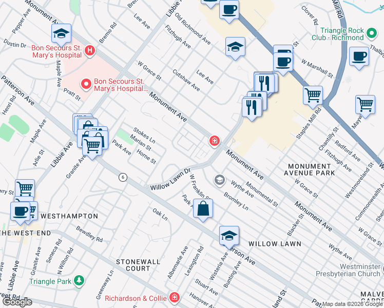 map of restaurants, bars, coffee shops, grocery stores, and more near 5205 Wythe Avenue in Richmond