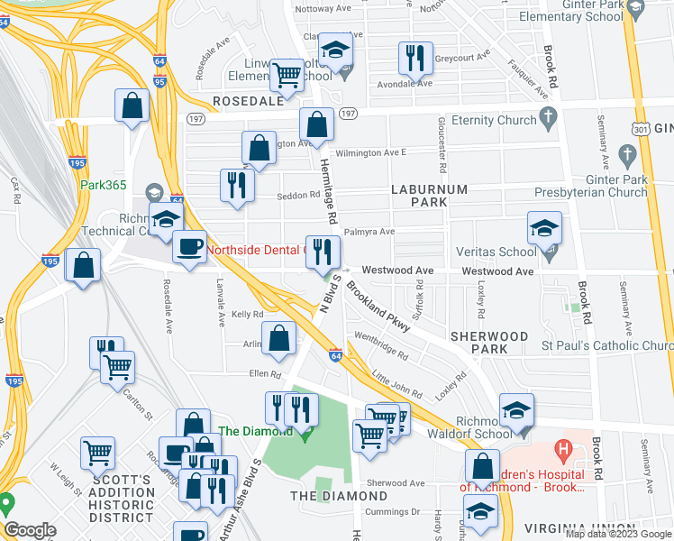 map of restaurants, bars, coffee shops, grocery stores, and more near Hermitage Road in Richmond