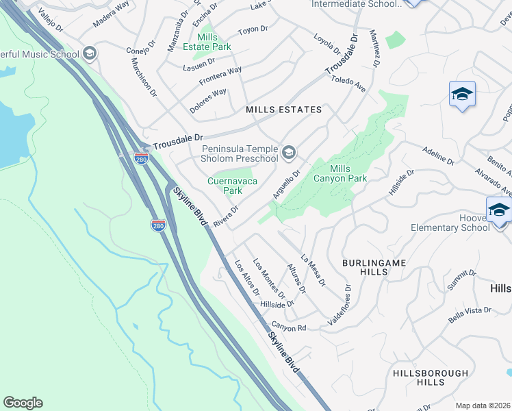 map of restaurants, bars, coffee shops, grocery stores, and more near 3032 Arguello Drive in Burlingame