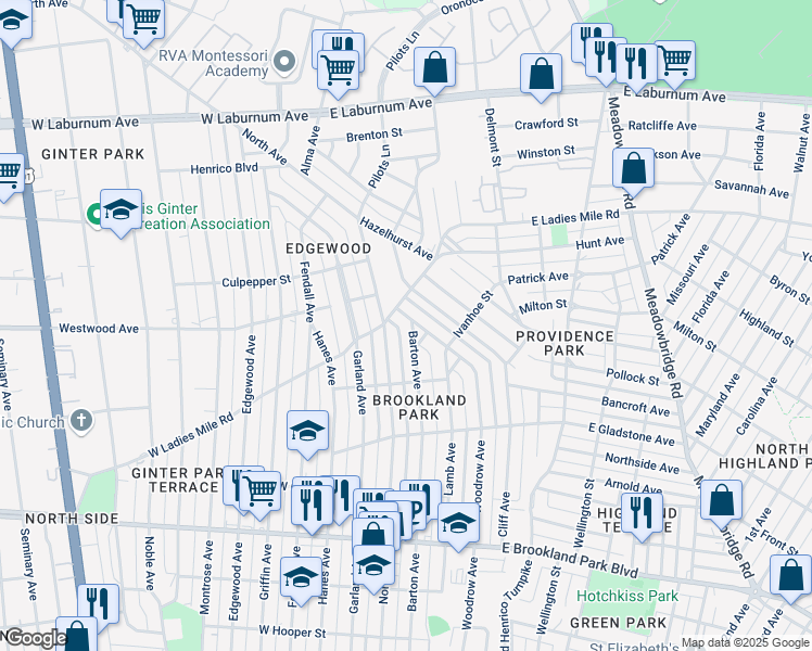 map of restaurants, bars, coffee shops, grocery stores, and more near 3324 Barton Avenue in Richmond