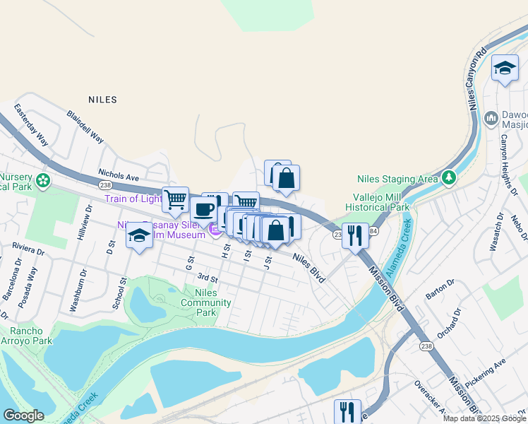 map of restaurants, bars, coffee shops, grocery stores, and more near 199 Henderson Court in Fremont