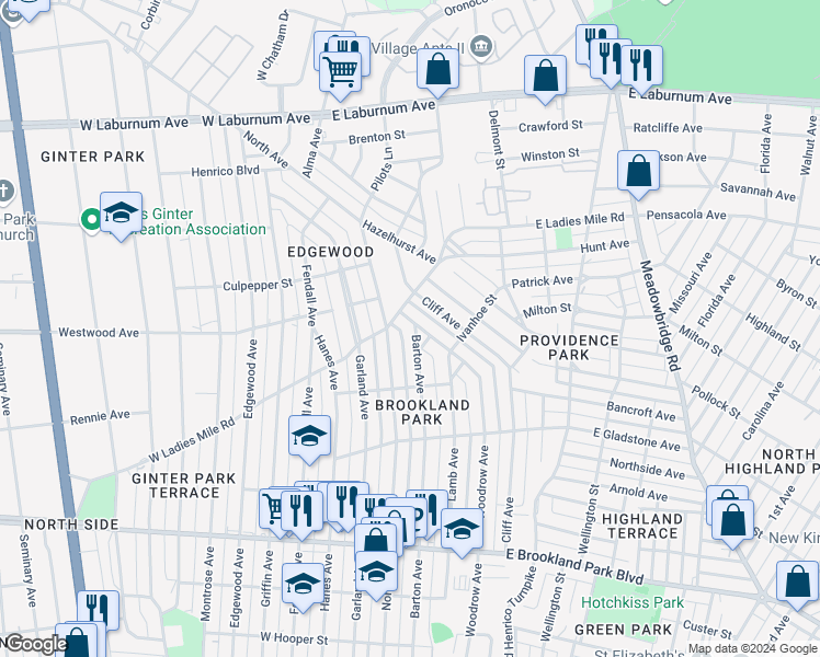 map of restaurants, bars, coffee shops, grocery stores, and more near 3324 Barton Avenue in Richmond