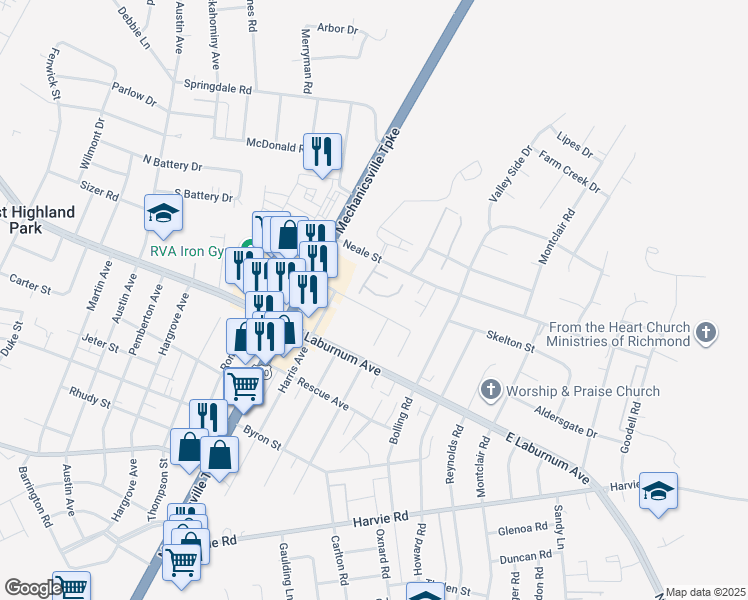 map of restaurants, bars, coffee shops, grocery stores, and more near 3886 Elfstone Lane in Richmond