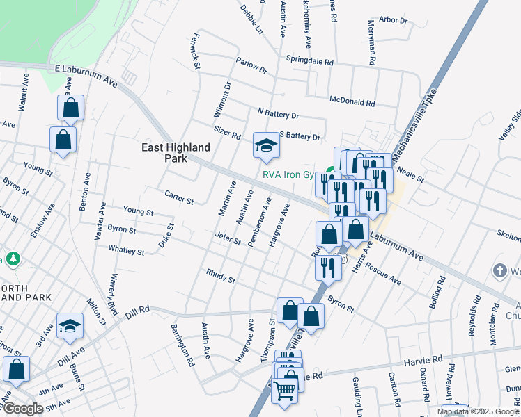 map of restaurants, bars, coffee shops, grocery stores, and more near 3710 Pemberton Avenue in Richmond