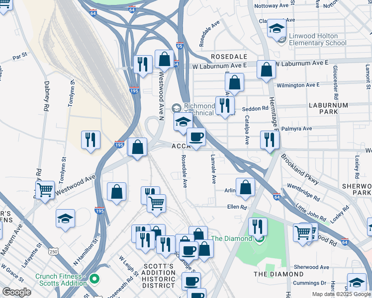 map of restaurants, bars, coffee shops, grocery stores, and more near 1943 Westwood Avenue in Richmond