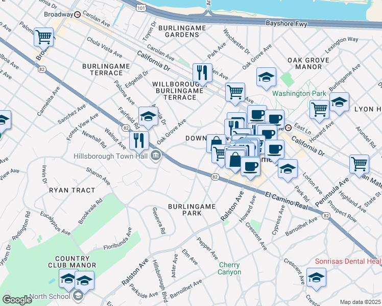 map of restaurants, bars, coffee shops, grocery stores, and more near 525 Almer Road in Burlingame
