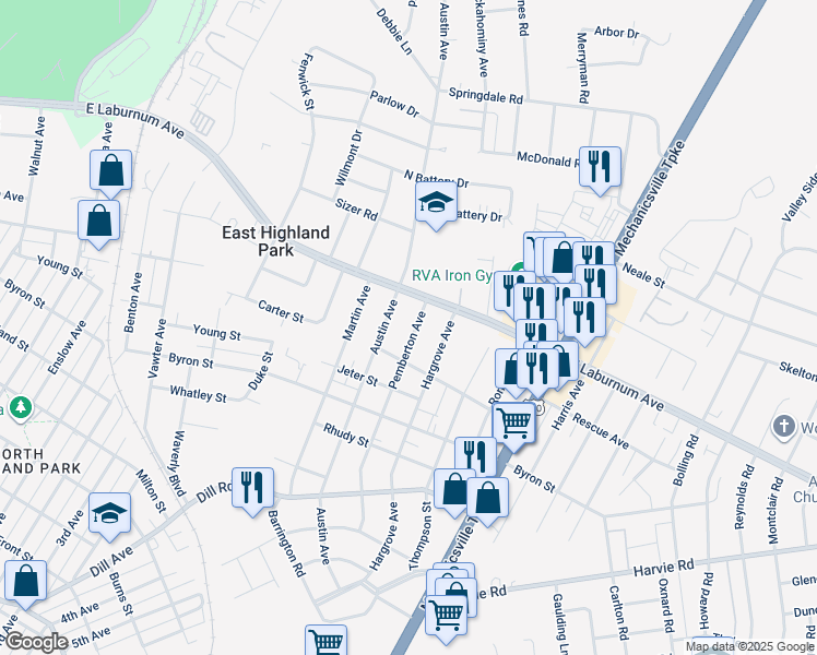 map of restaurants, bars, coffee shops, grocery stores, and more near 3710 Pemberton Avenue in Richmond