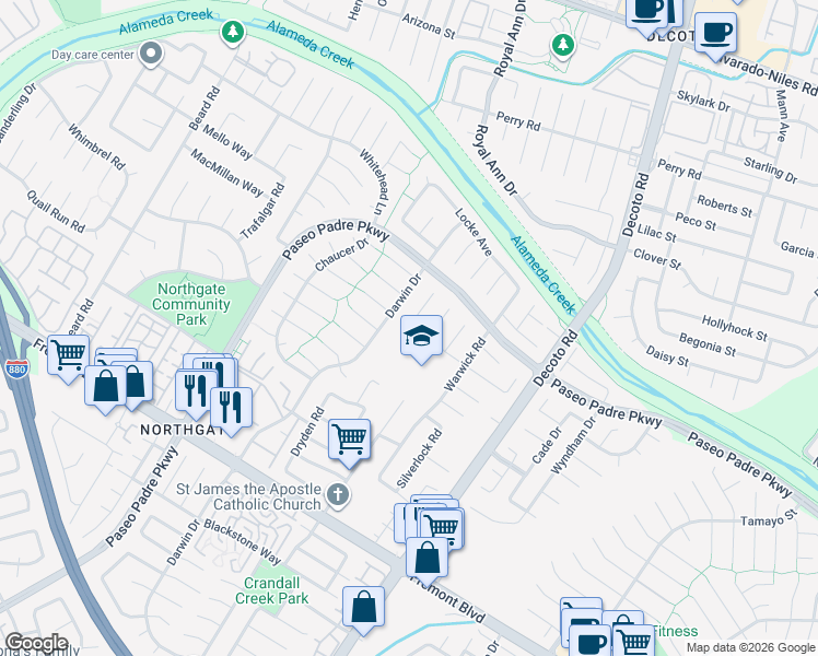 map of restaurants, bars, coffee shops, grocery stores, and more near 34521 Gladstone Place in Fremont