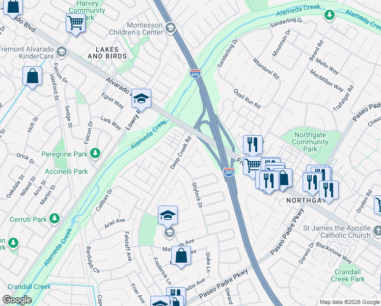 map of restaurants, bars, coffee shops, grocery stores, and more near 4177 Polonius Circle in Fremont