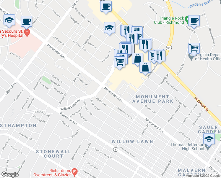 map of restaurants, bars, coffee shops, grocery stores, and more near 5100 Monument Avenue in Richmond