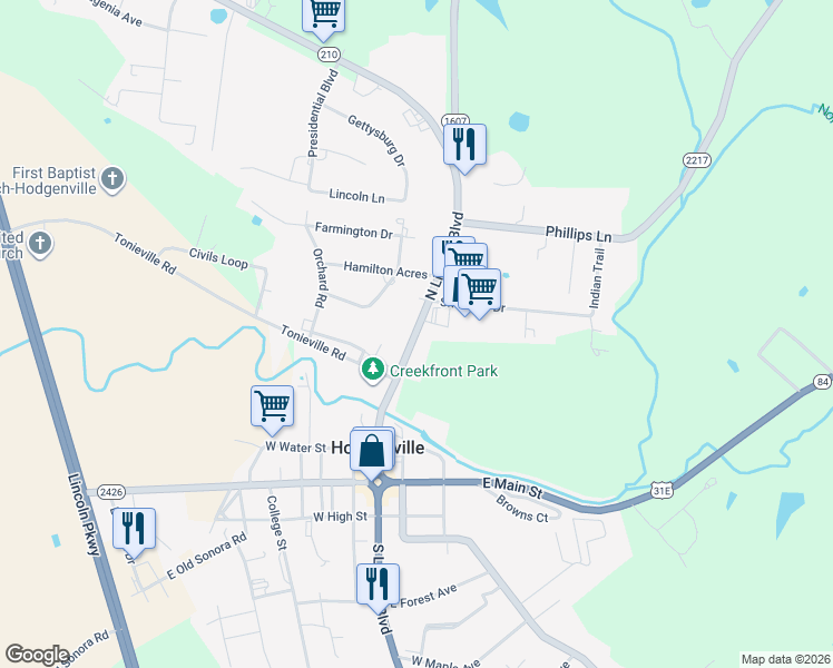 map of restaurants, bars, coffee shops, grocery stores, and more near 409 North Lincoln Boulevard in Hodgenville