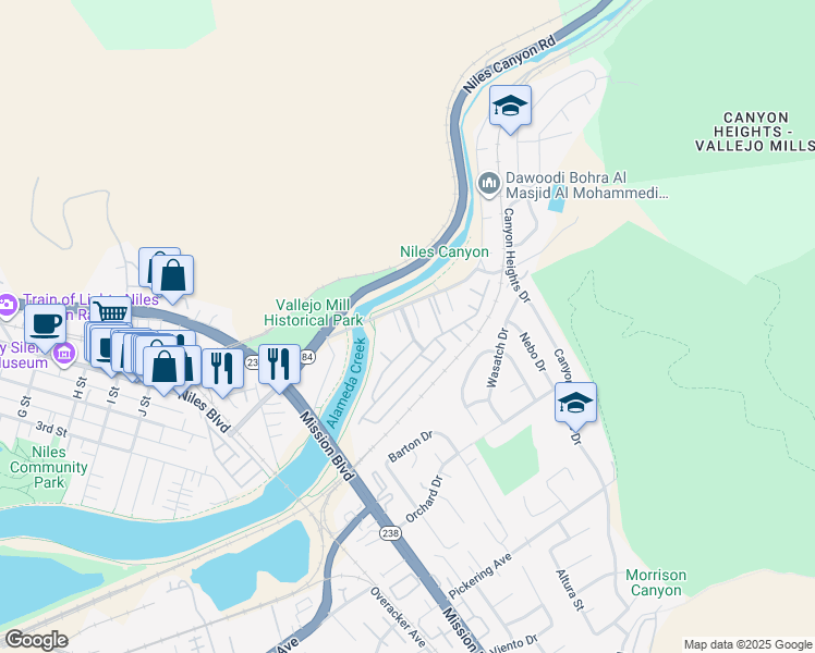 map of restaurants, bars, coffee shops, grocery stores, and more near 38161 Canyon Oaks Court in Fremont