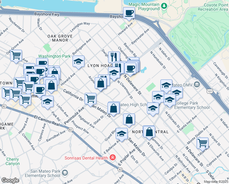 map of restaurants, bars, coffee shops, grocery stores, and more near 417 Studio Circle in San Mateo