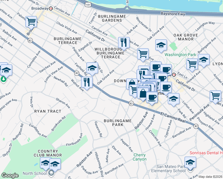 map of restaurants, bars, coffee shops, grocery stores, and more near 524 El Camino Real in Burlingame
