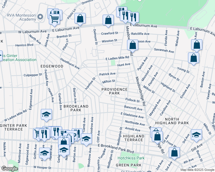 map of restaurants, bars, coffee shops, grocery stores, and more near 444 Hazelhurst Avenue in Richmond