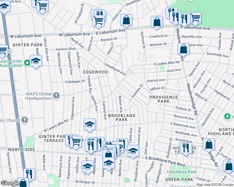 map of restaurants, bars, coffee shops, grocery stores, and more near 3319 Barton Avenue in Richmond