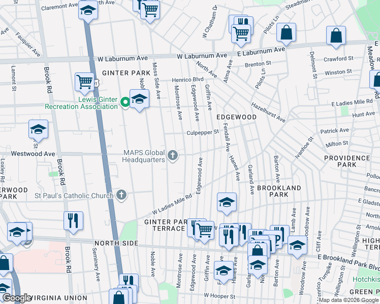 map of restaurants, bars, coffee shops, grocery stores, and more near 3125 Montrose Avenue in Richmond