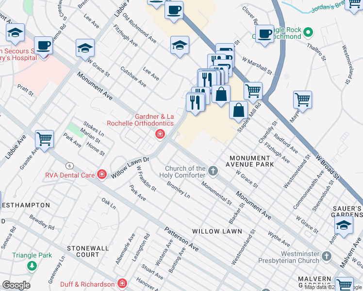 map of restaurants, bars, coffee shops, grocery stores, and more near in Henrico County