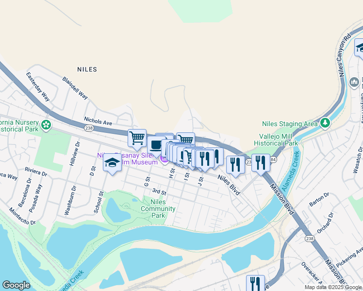 map of restaurants, bars, coffee shops, grocery stores, and more near 37391 Mission Boulevard in Fremont