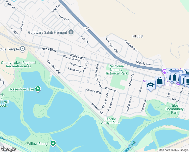 map of restaurants, bars, coffee shops, grocery stores, and more near 405 Rancho Arroyo Parkway in Fremont