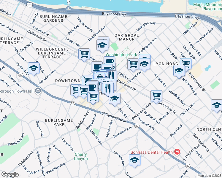 map of restaurants, bars, coffee shops, grocery stores, and more near 220 Park Road in Burlingame