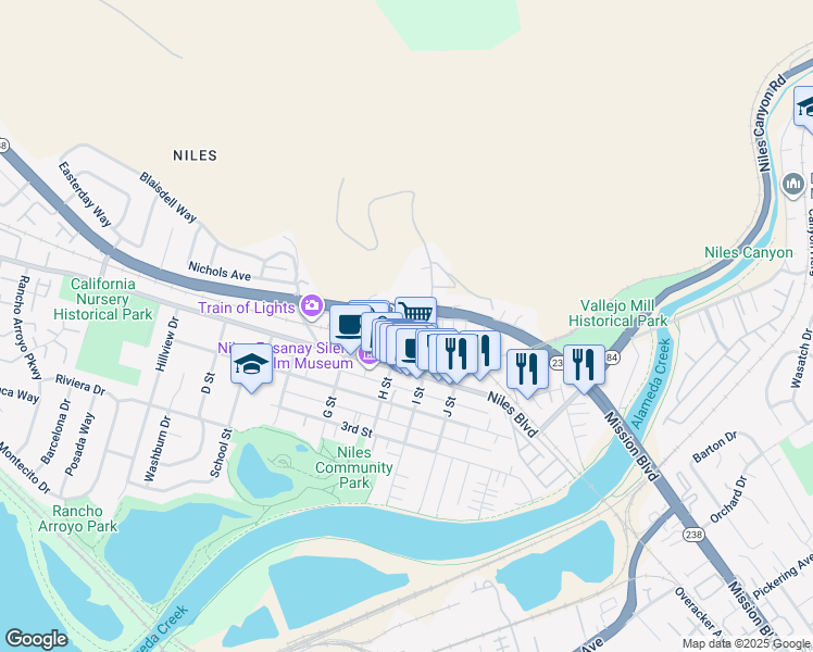 map of restaurants, bars, coffee shops, grocery stores, and more near 37391 Mission Boulevard in Fremont