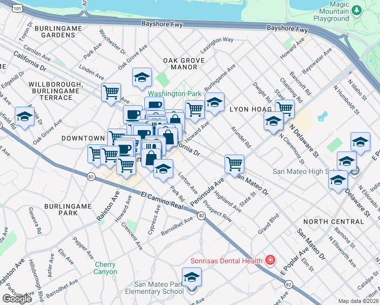 map of restaurants, bars, coffee shops, grocery stores, and more near 124 Highland Avenue in Burlingame