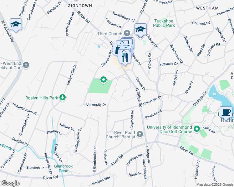 map of restaurants, bars, coffee shops, grocery stores, and more near 300 North Ridge Road in Henrico