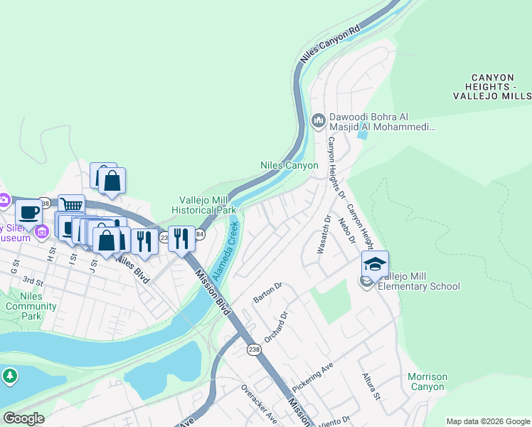 map of restaurants, bars, coffee shops, grocery stores, and more near 38161 Canyon Oaks Court in Fremont