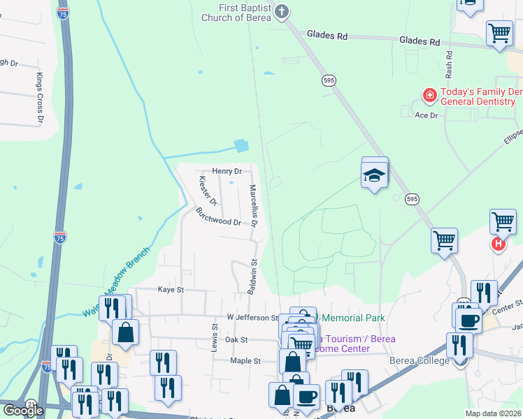map of restaurants, bars, coffee shops, grocery stores, and more near 213 Marcellus Drive in Berea