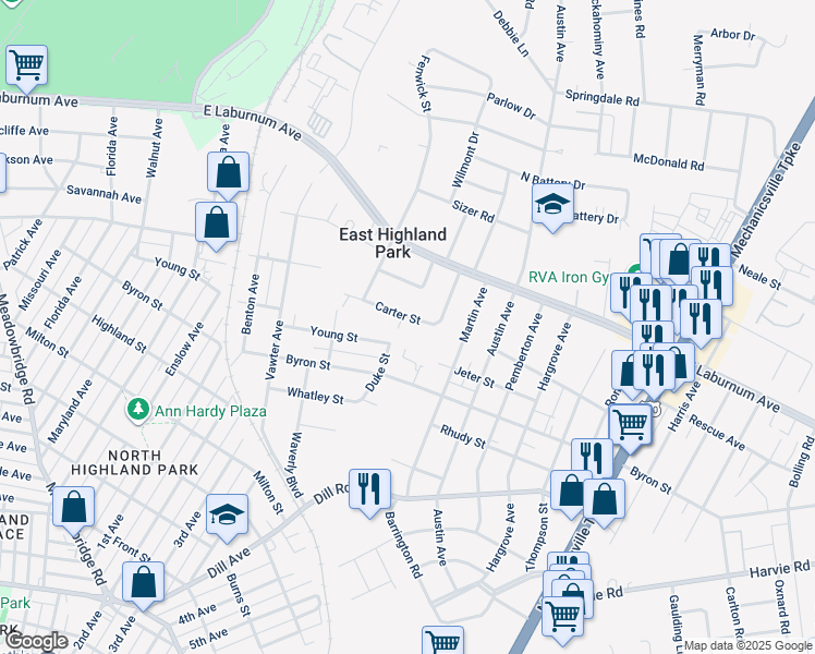 map of restaurants, bars, coffee shops, grocery stores, and more near 1601 Carter Street in Richmond
