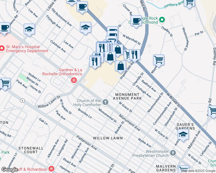 map of restaurants, bars, coffee shops, grocery stores, and more near 4904 West Grace Street in Richmond